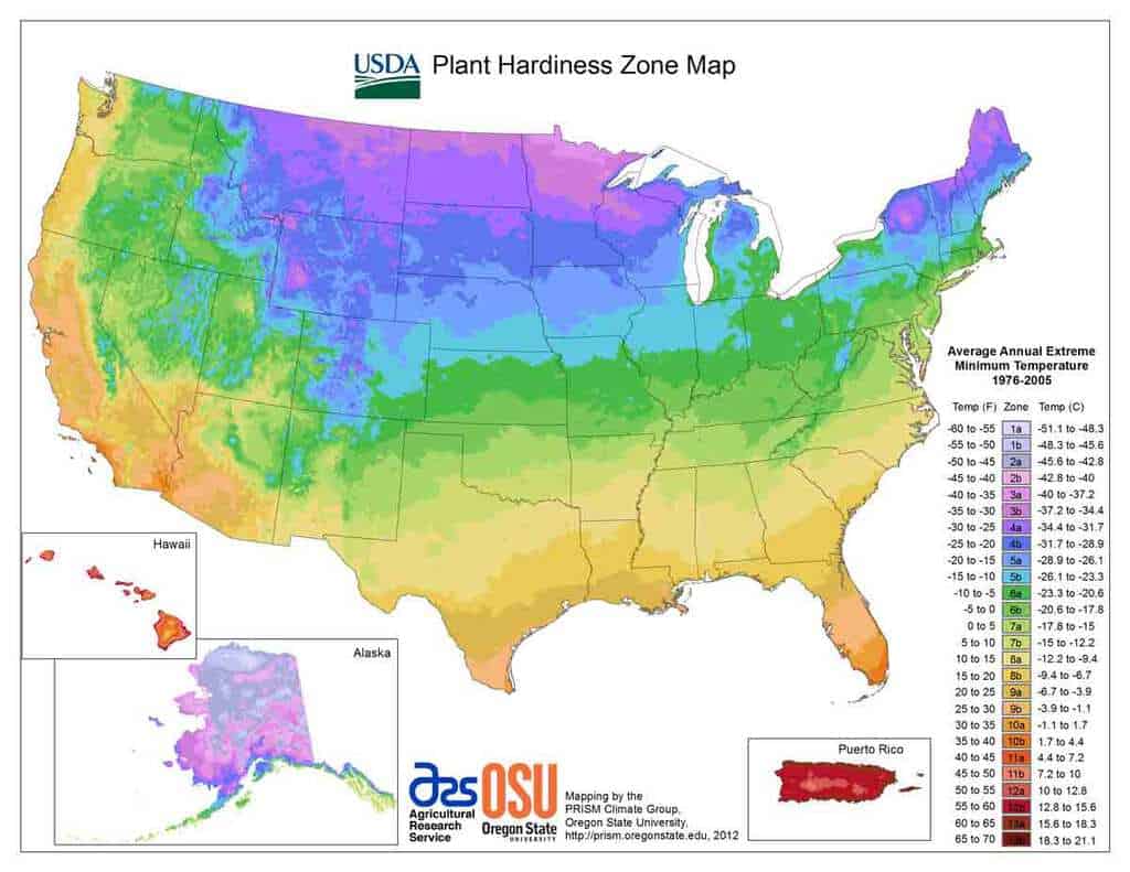 US Gardening Zones A map of the united states with different colors.