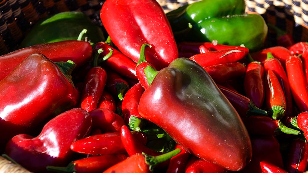 A pile of red and green peppers on top of each other.