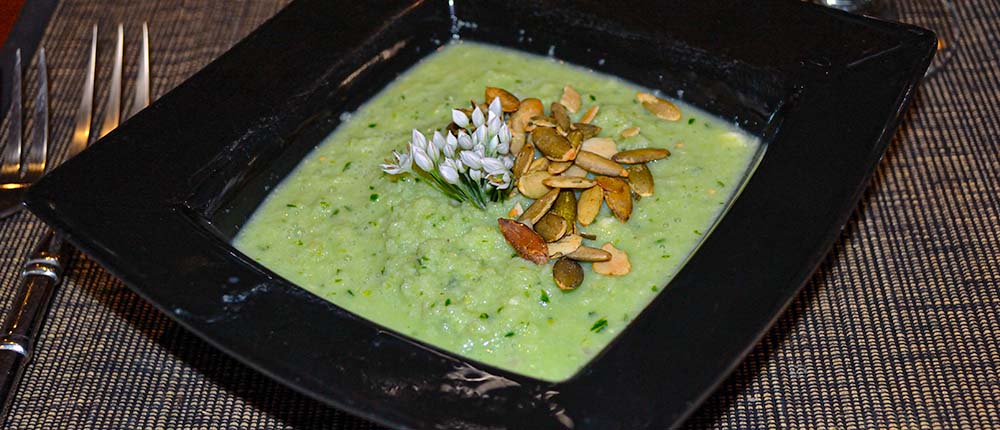 Cucumber-Gaspacho-with-Chive-Flowers Cucumber gazpacho with chive flowers.