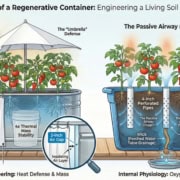 Technical cross-section diagram of a regenerative container garden showing the central aeration pipe (Lung), bottom drainage wick, and thermal air gap insulation.