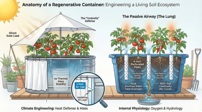 Anatomy of a Regenerative Container Technical cross-section diagram of a regenerative container garden showing the central aeration pipe (Lung), bottom drainage wick, and thermal air gap insulation.