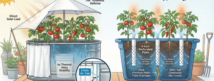 Technical cross-section diagram of a regenerative container garden showing the central aeration pipe (Lung), bottom drainage wick, and thermal air gap insulation.