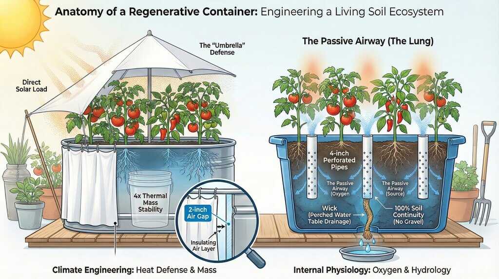 Anatomy of a Regenerative Container Technical cross-section diagram of a regenerative container garden showing the central aeration pipe (Lung), bottom drainage wick, and thermal air gap insulation.