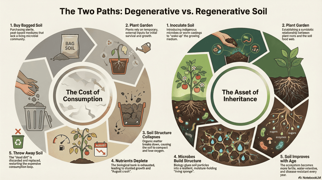 The Degenerative vs. Regenerative Flowchart Comparison flowchart of two soil cycles. Left (Degenerative): Buying bagged soil, depletion, and disposal. Right (Regenerative): Inoculation, root feeding, and compounding soil fertility over time.