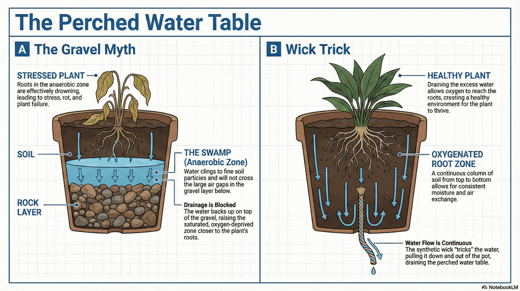 The Gravel Myth Side-by-side comparison of pot drainage physics. Left: Gravel layer causes water to pool and rot roots (The Swamp). Right: A fabric wick restores drainage by pulling water down (The Flow).