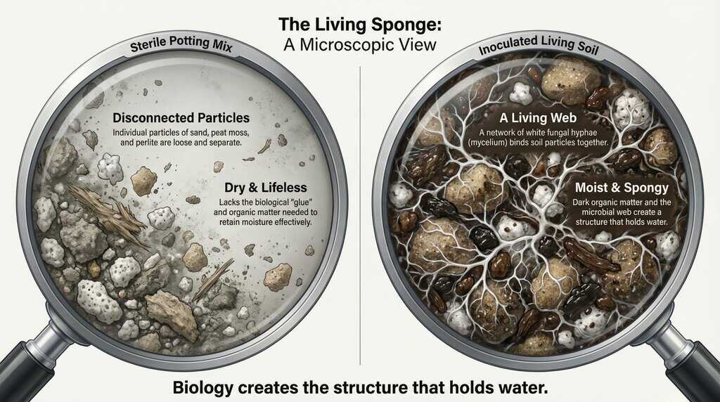 The Living Sponge Microscope view comparing sterile potting mix (dry dust particles) versus inoculated living soil (connected by web-like fungal mycelium).