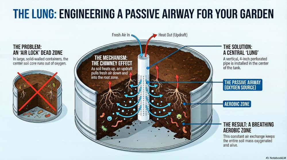 The Lung - Passive Garden Airway Technical diagram illustrating the "Lung" concept: a central 4-inch perforated pipe installed in a container garden. Blue arrows demonstrate fresh oxygen entering the root zone, while red arrows show heat venting out via the chimney effect, resolving the oxygen-starved "dead zone" problem shown in the inset.