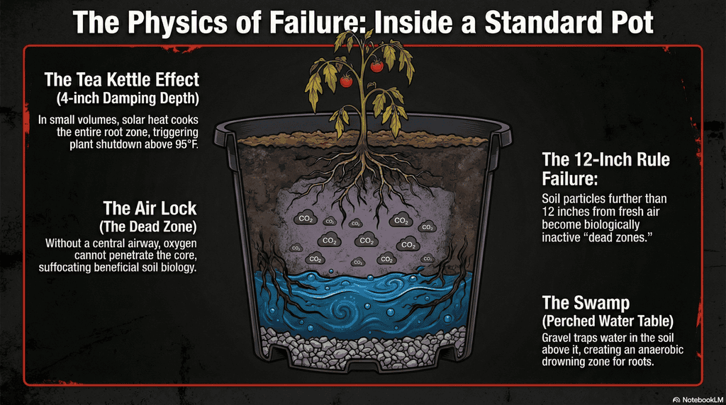 The Physics of Failure Diagram showing the invisible problems in a standard pot: a "perched water table" of stagnant water at the bottom and an oxygen-starved "dead zone" in the center.
