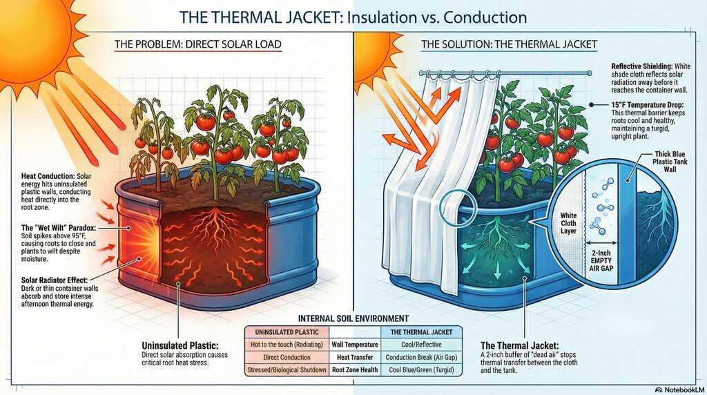The Thermal Jacket Split-screen illustration showing a blue stock tank. Left: Uninsulated wall conducting heat. Right: White shade cloth with a 2-inch air gap reflecting heat.
