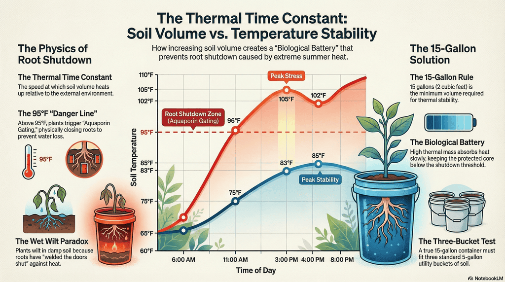 The Thermal Time Constant Chart comparing soil temperature in a 5-gallon pot versus a 15-gallon tank. The small pot spikes above 95 degrees F (Root Shutdown), while the large tank stays cool.